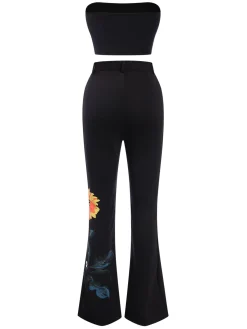 Best Retro Stage 3PCS 1960s Floral Long Coat & Top & Pants Suit Set Black
