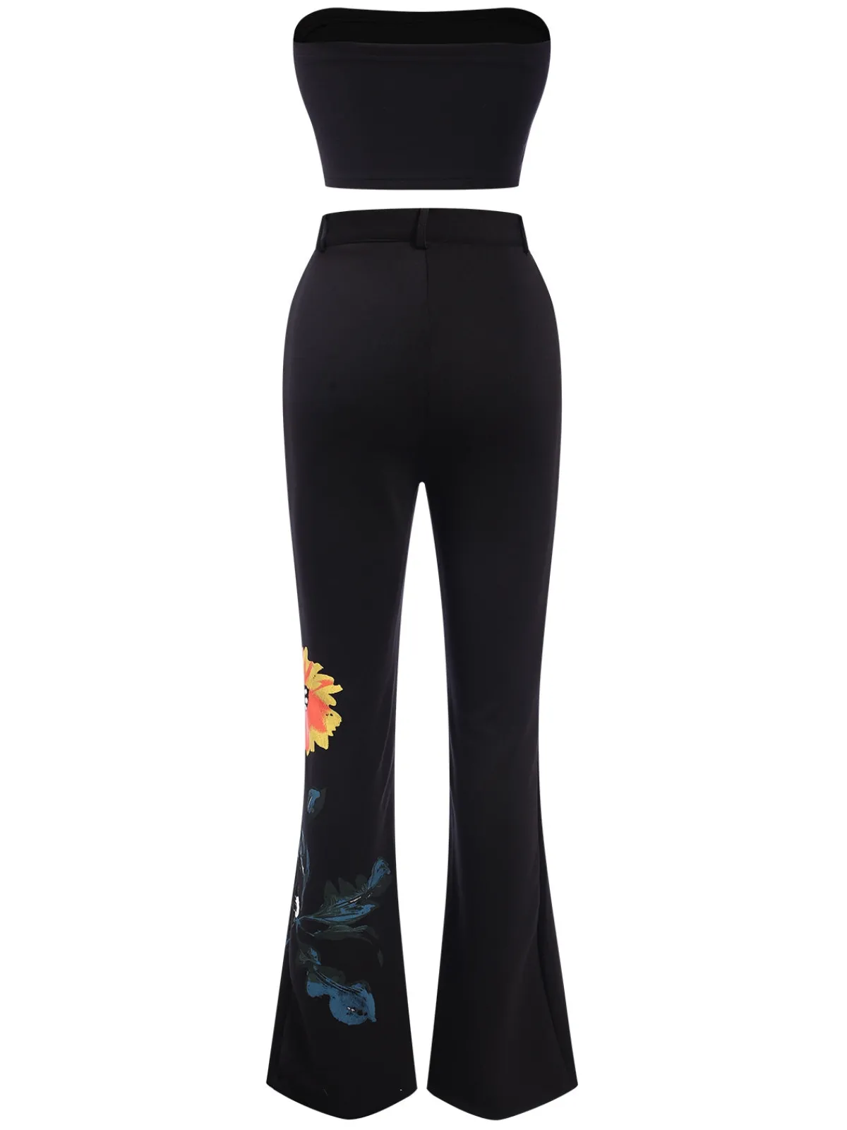 Best Retro Stage 3PCS 1960s Floral Long Coat & Top & Pants Suit Set Black