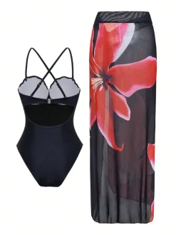 Sale Retro Stage 2PCS 1950s Floral Swimsuit & Cover-Up Black