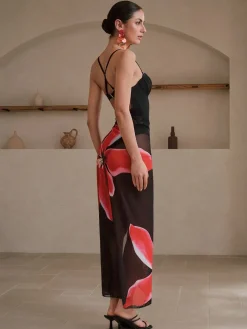 Sale Retro Stage 2PCS 1950s Floral Swimsuit & Cover-Up Black