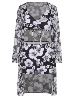 Online Retro Stage 3PCS 1950s Flowers Swimsuit & Cover-Up Black