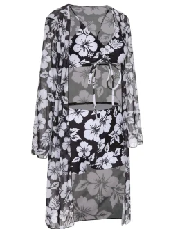 Online Retro Stage 3PCS 1950s Flowers Swimsuit & Cover-Up Black
