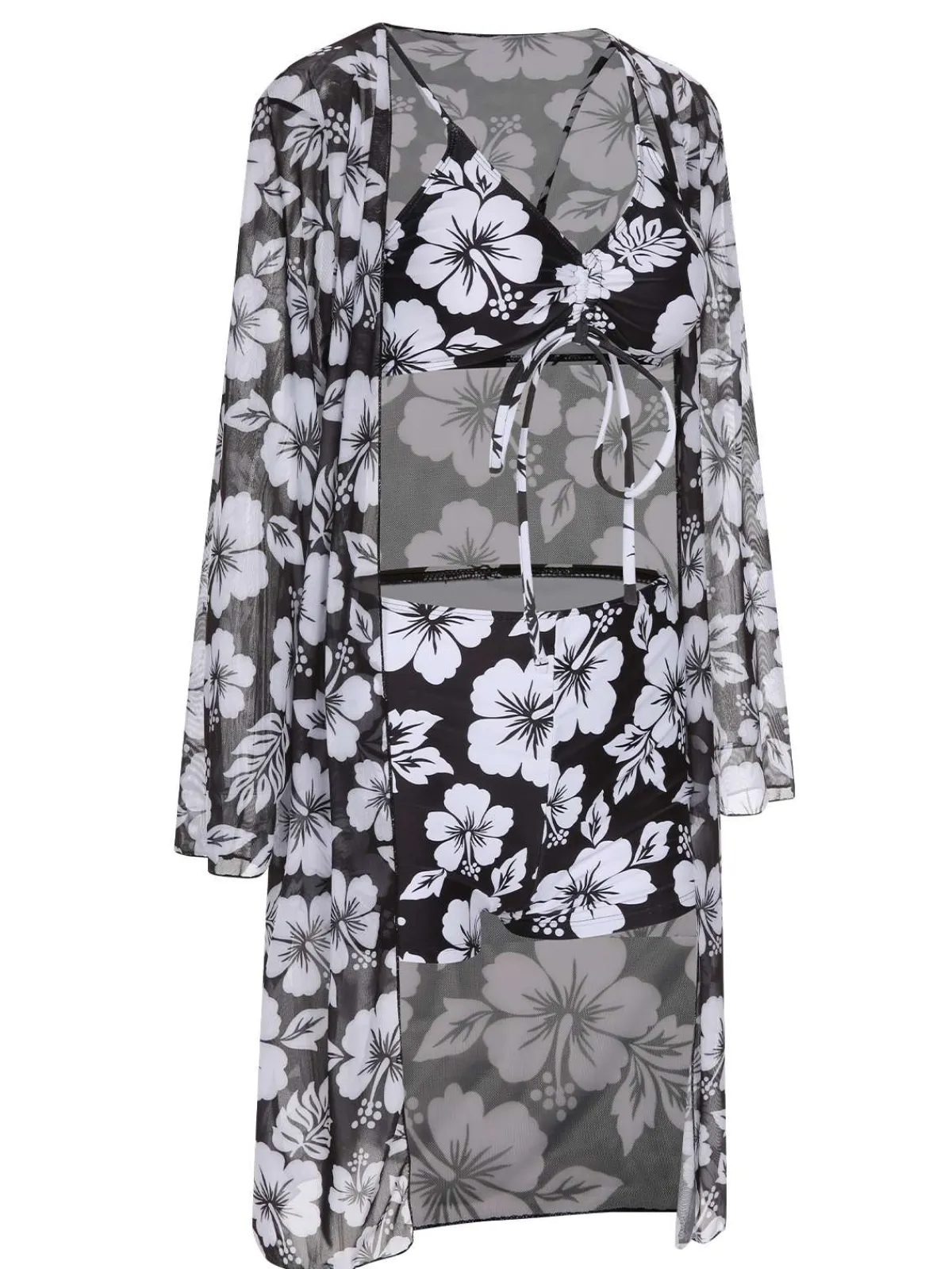 Online Retro Stage 3PCS 1950s Flowers Swimsuit & Cover-Up Black
