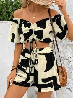 Clearance Retro Stage 2PCS Black 1950s Geometric Off-Shoulder Drawstring Top & Shorts Black & Beige