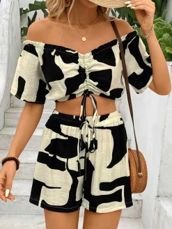 Clearance Retro Stage 2PCS Black 1950s Geometric Off-Shoulder Drawstring Top & Shorts Black & Beige