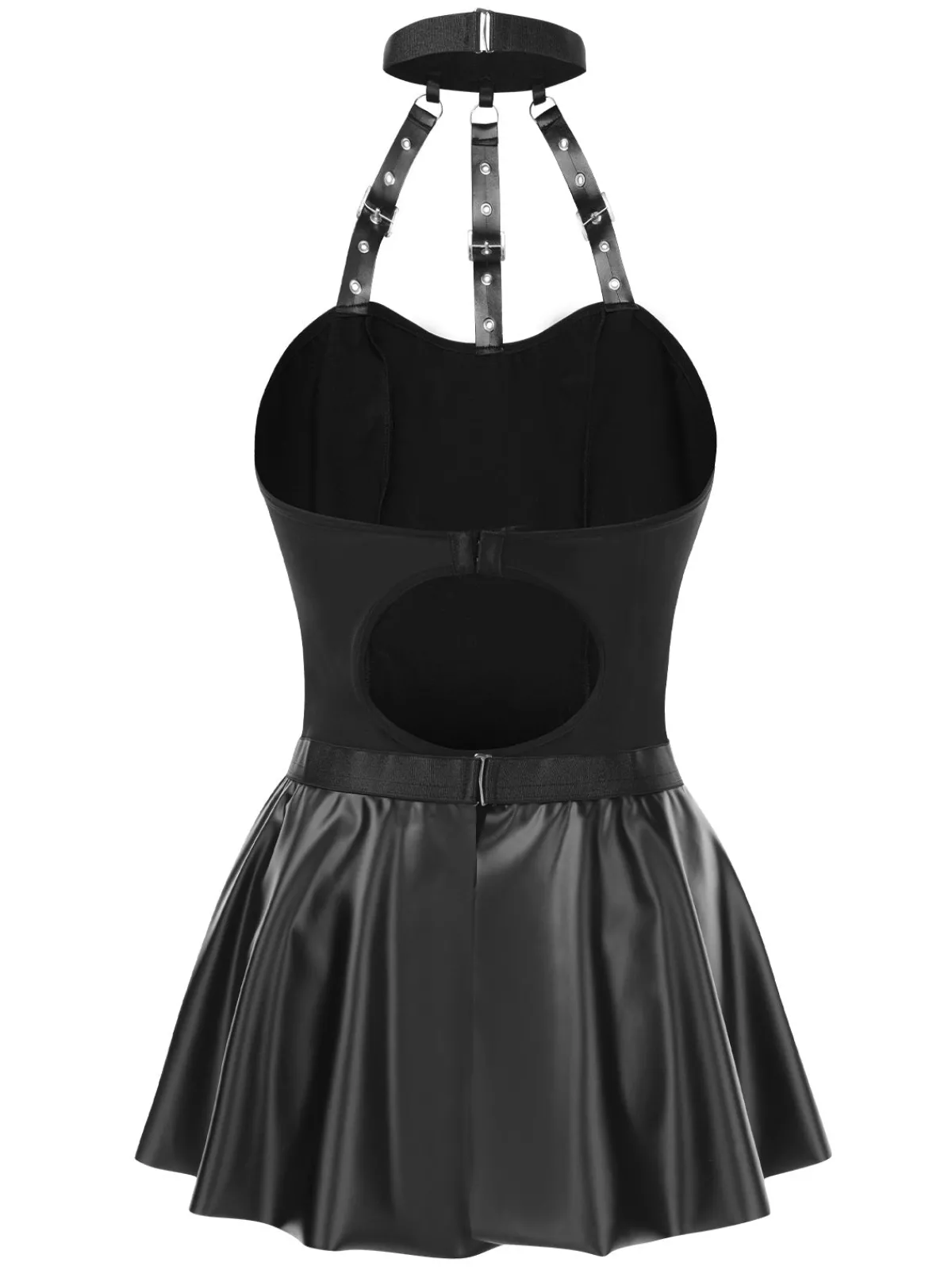 Outlet Retro Stage 2PCS 1980s Gothic PU Leather Halter Top & Skirt Black