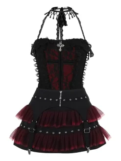 Sale Retro Stage 2PCS 1980s Gothic Steampunk Halter Cross Camisole & Mini Skirt Black