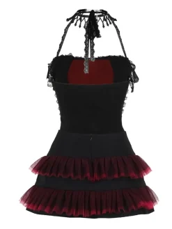Sale Retro Stage 2PCS 1980s Gothic Steampunk Halter Cross Camisole & Mini Skirt Black