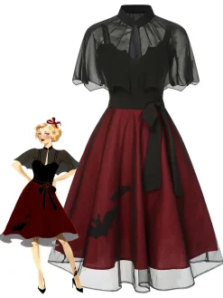 Online Retro Stage 2PCS 1950s Halloween Bat Mesh Dress & Sheer Cape Black