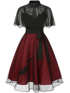 Online Retro Stage 2PCS 1950s Halloween Bat Mesh Dress & Sheer Cape Black