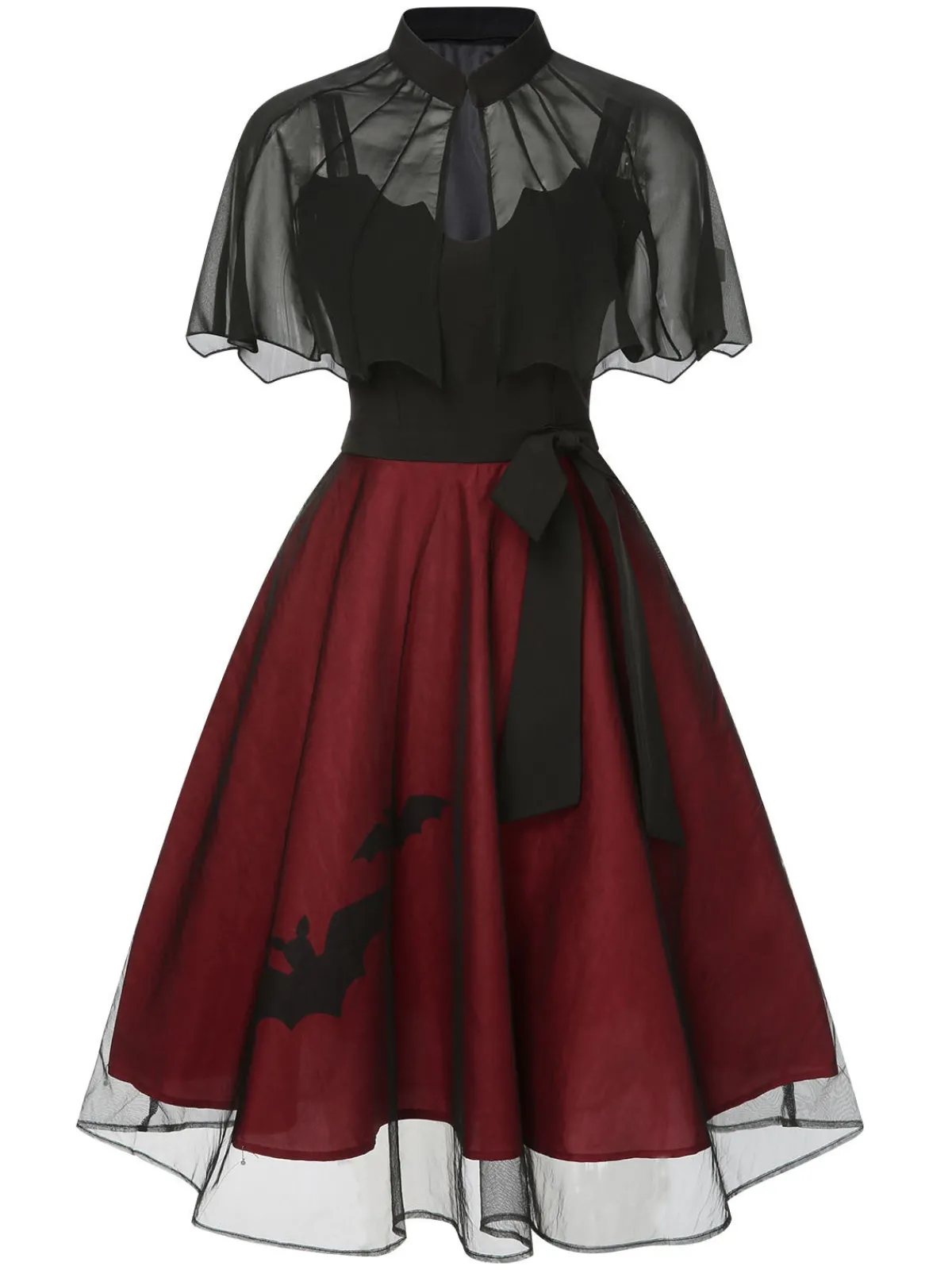 Online Retro Stage 2PCS 1950s Halloween Bat Mesh Dress & Sheer Cape Black