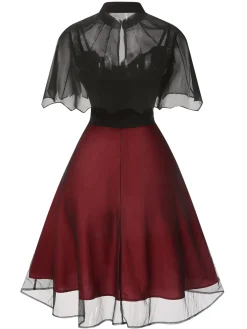 Online Retro Stage 2PCS 1950s Halloween Bat Mesh Dress & Sheer Cape Black