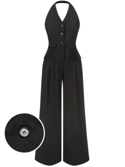 Discount Retro Stage 2PCS 1930s Halter Vest Top & Wide Leg Pants Black