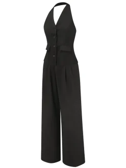 Discount Retro Stage 2PCS 1930s Halter Vest Top & Wide Leg Pants Black
