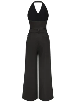 Discount Retro Stage 2PCS 1930s Halter Vest Top & Wide Leg Pants Black