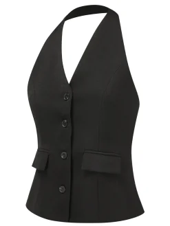 Discount Retro Stage 2PCS 1930s Halter Vest Top & Wide Leg Pants Black