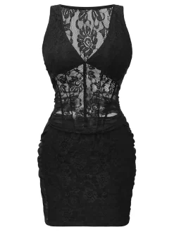 Hot Retro Stage 2PCS 1960s Lace Floral Sheer Top & Skirt Black