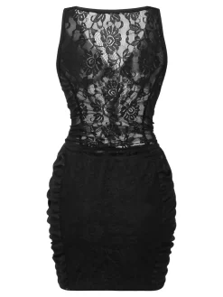 Hot Retro Stage 2PCS 1960s Lace Floral Sheer Top & Skirt Black