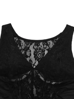 Hot Retro Stage 2PCS 1960s Lace Floral Sheer Top & Skirt Black