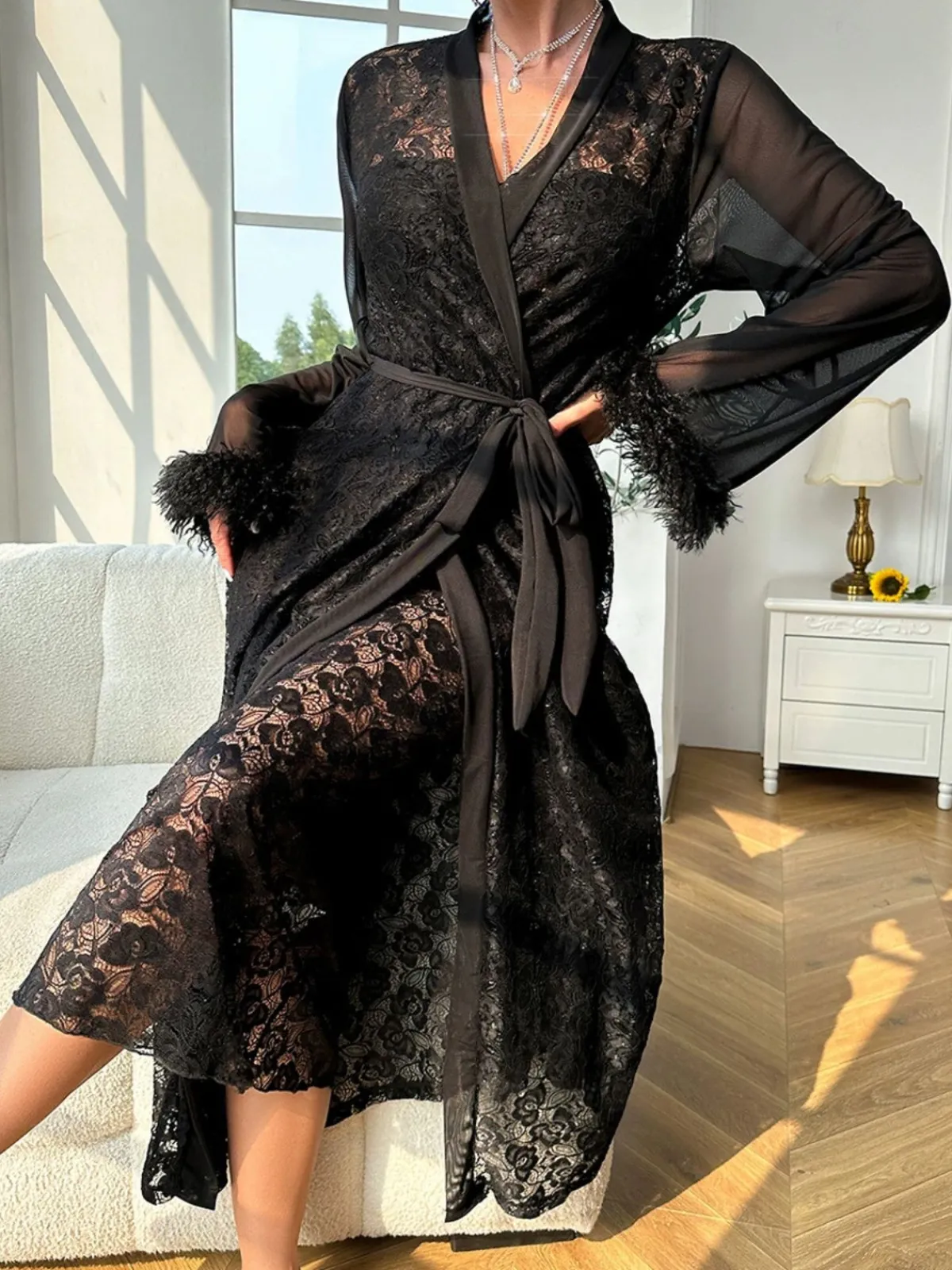 Sale Retro Stage 2PCS 1940s Lace Sheer Sleepwear Set Black