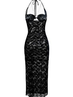 Sale Retro Stage 2PCS 1940s Lace Sheer Sleepwear Set Black