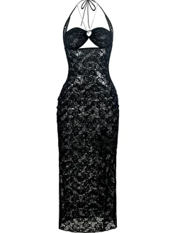 Sale Retro Stage 2PCS 1940s Lace Sheer Sleepwear Set Black
