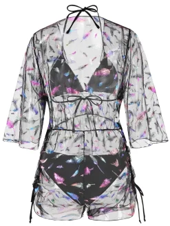 Discount Retro Stage 2PCS 1940s Lace-Up Feather Print Bikini Set & Cover-Up Black
