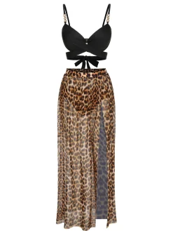 New Retro Stage 3PCS 1950s Leopard Swimsuit & Cover-Up Black