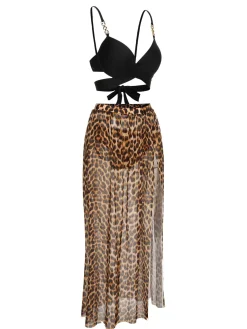 New Retro Stage 3PCS 1950s Leopard Swimsuit & Cover-Up Black