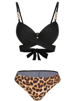 New Retro Stage 3PCS 1950s Leopard Swimsuit & Cover-Up Black