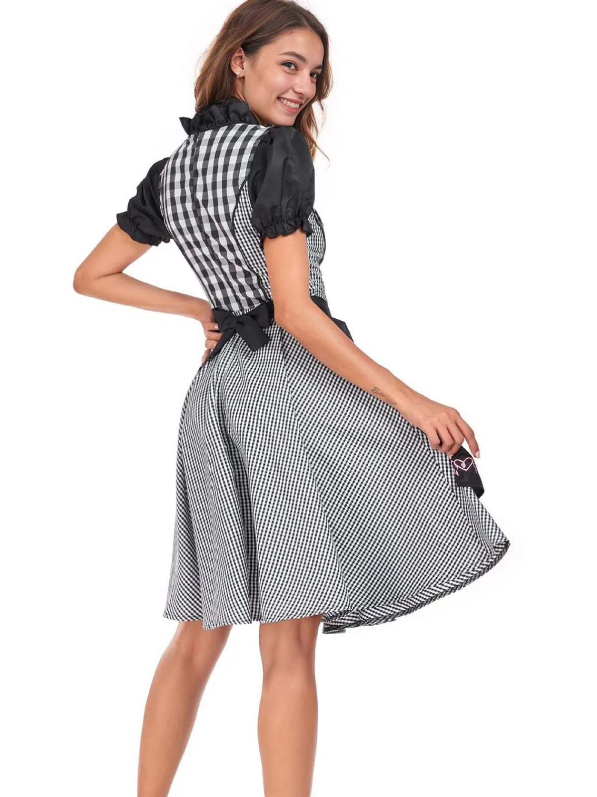 Best Retro Stage 2PCS 1950s Oktoberfest Puff Sleeves Gingham Dress with Apron Black