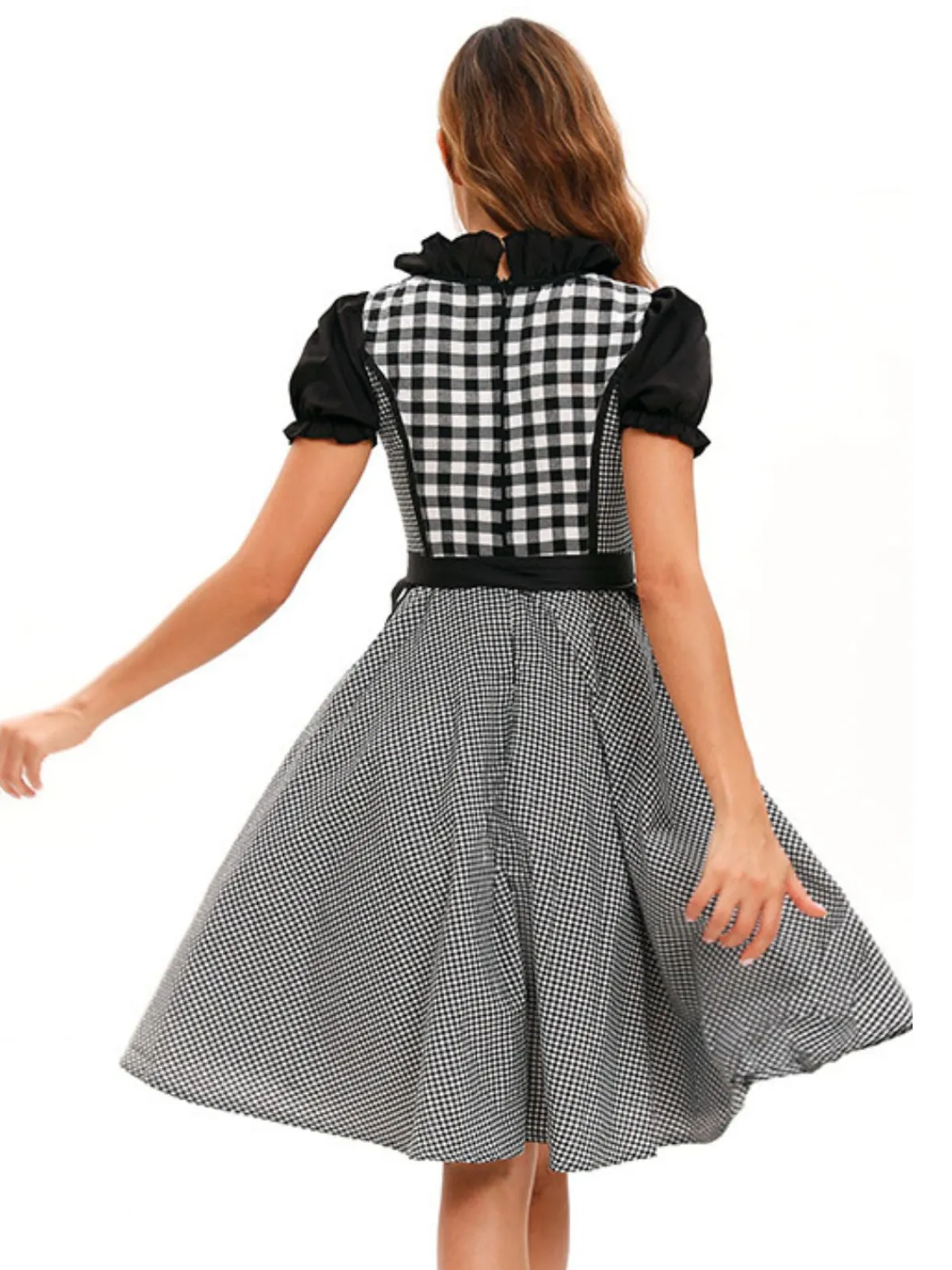 Best Retro Stage 2PCS 1950s Oktoberfest Puff Sleeves Gingham Dress with Apron Black
