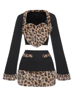 Online Retro Stage 2PCS 1960s Plush Leopard Sweetheart Top & Skirt & Coat Black