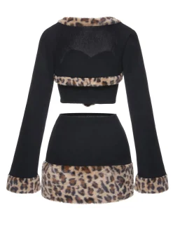 Online Retro Stage 2PCS 1960s Plush Leopard Sweetheart Top & Skirt & Coat Black
