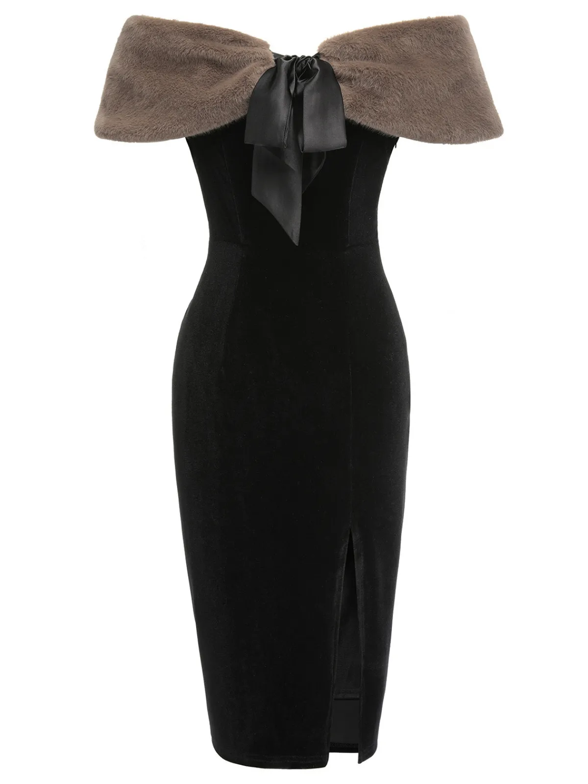 Sale Retro Stage 2PCS 1960s Solid Dress & Plush Cape Black