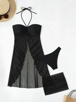 New Retro Stage 3PCS 1950s Solid Halter Bikini Set & Cover-Up Black