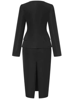 Outlet Retro Stage 2PCS 1960s Solid Square Neck Top & Back-Slit Skirt Black