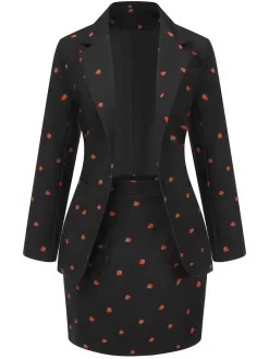 Hot Retro Stage 2PCS 1960s Strawberry Blazer & Pencil Skirt Black