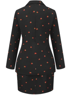 Hot Retro Stage 2PCS 1960s Strawberry Blazer & Pencil Skirt Black