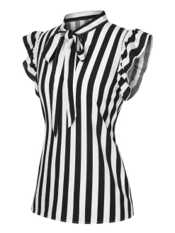 Fashion Retro Stage 2PCS 1930s Stripes Tie Collar Blouse & Suspender Pants Black