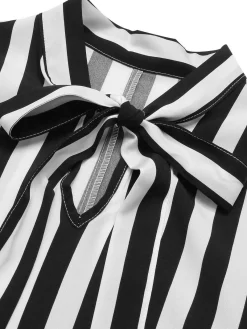 Fashion Retro Stage 2PCS 1930s Stripes Tie Collar Blouse & Suspender Pants Black