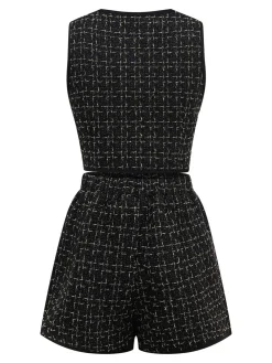 Fashion Retro Stage 2PCS 1970s Tweed Plaids Vest & Shorts Black