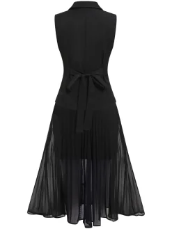 Clearance Retro Stage 2PCS 1960s V-Neck Vest Top & Pleated Skirt Black