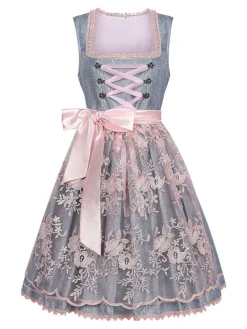 Hot Retro Stage 2PCS 1950s Floral Dress & Mesh Embroidered Apron Blue Grey