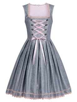 Hot Retro Stage 2PCS 1950s Floral Dress & Mesh Embroidered Apron Blue Grey
