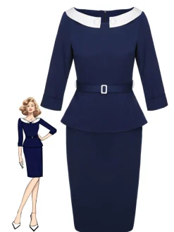 New Retro Stage 2PCS 1960s Belt Top & Back Split Pencil Skirt Blue