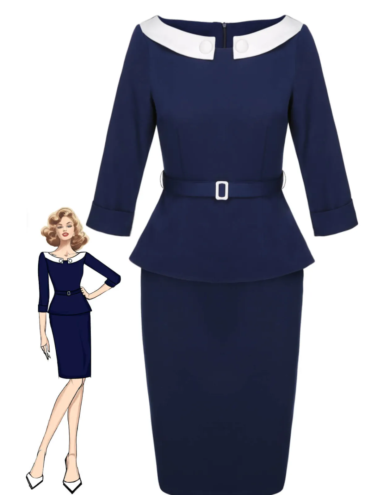 New Retro Stage 2PCS 1960s Belt Top & Back Split Pencil Skirt Blue