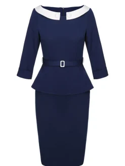 New Retro Stage 2PCS 1960s Belt Top & Back Split Pencil Skirt Blue