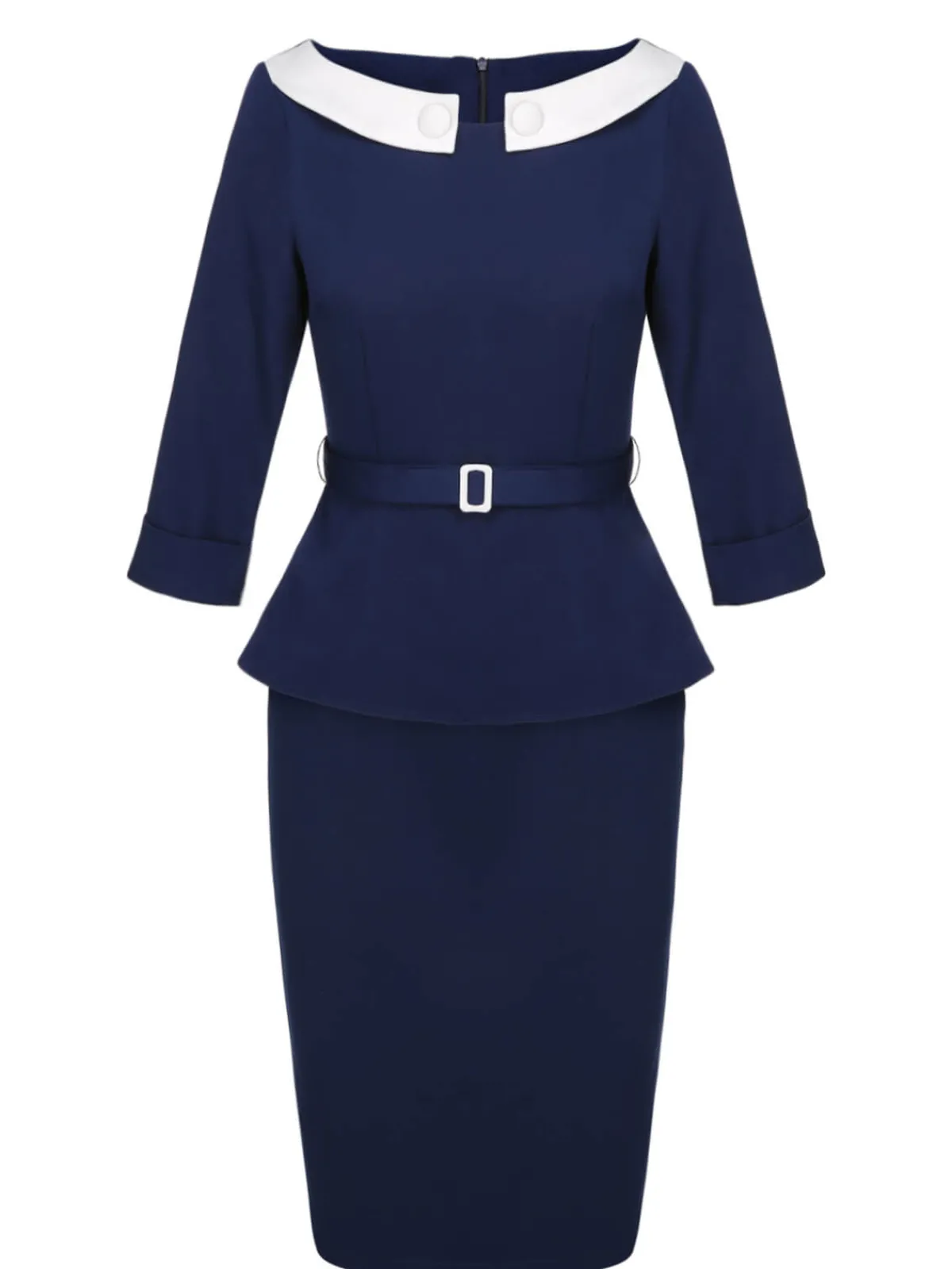 New Retro Stage 2PCS 1960s Belt Top & Back Split Pencil Skirt Blue