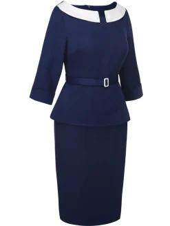 New Retro Stage 2PCS 1960s Belt Top & Back Split Pencil Skirt Blue
